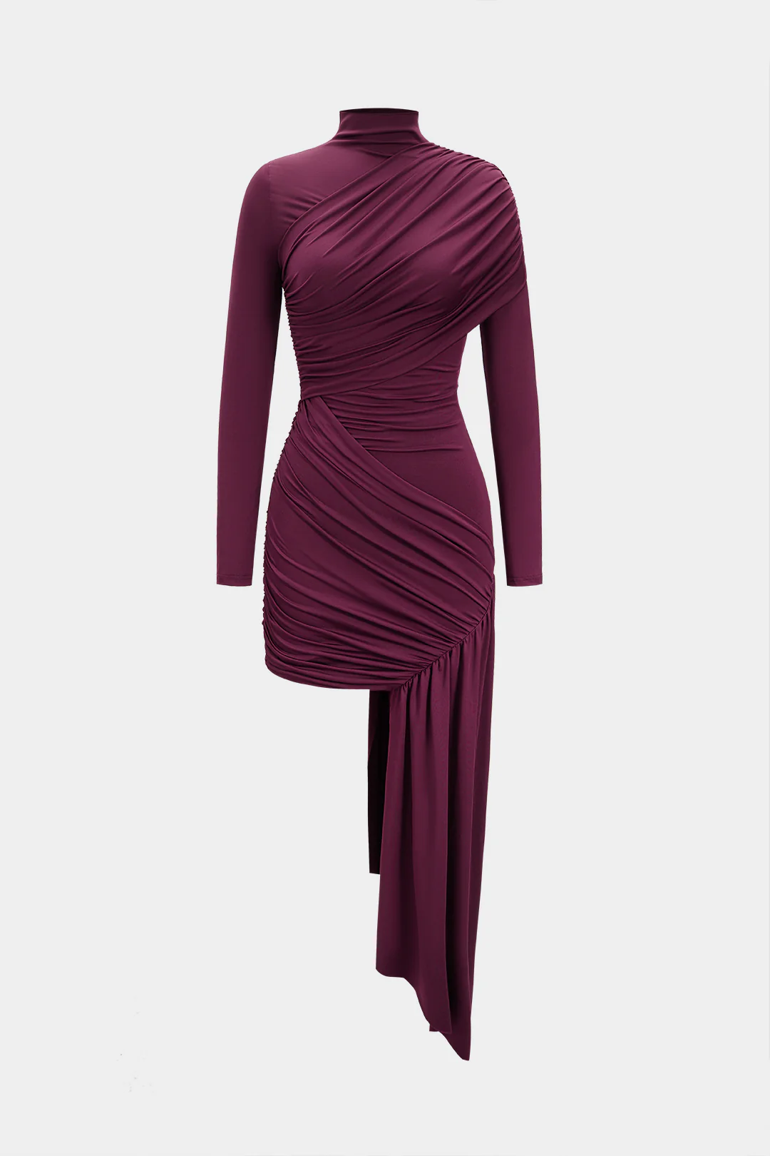 Mock Neck Asymmetrical Ruched Long Sleeve Mini Dress