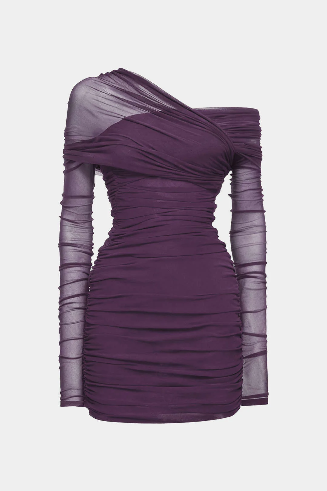 Sheer Mesh One Shoulder Long Sleeve Ruched Mini Dress - Image 10