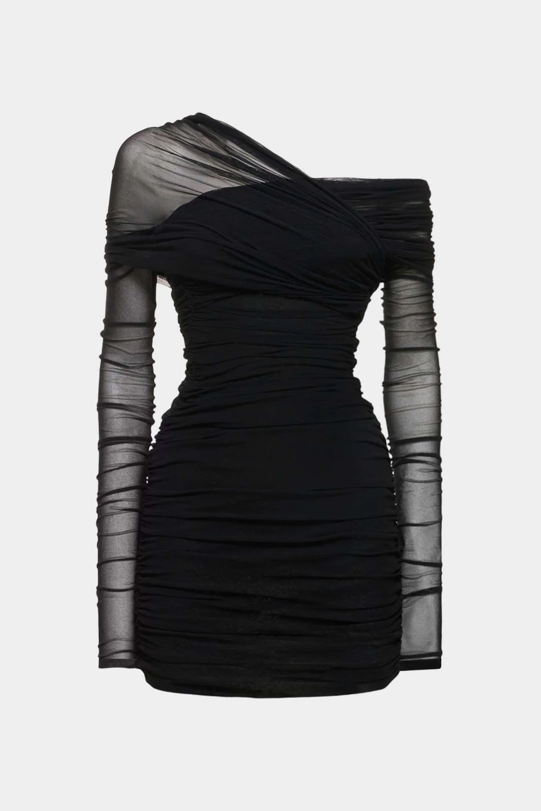 Sheer Mesh One Shoulder Long Sleeve Ruched Mini Dress - Image 7