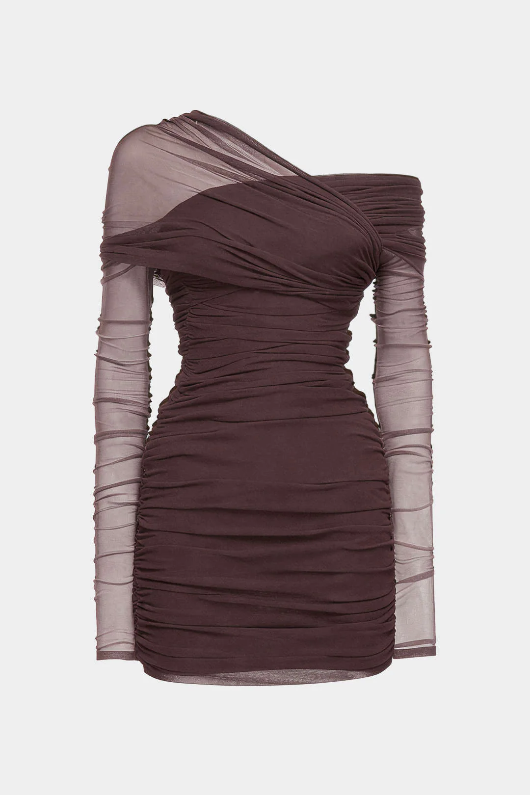 Sheer Mesh One Shoulder Long Sleeve Ruched Mini Dress - Image 9