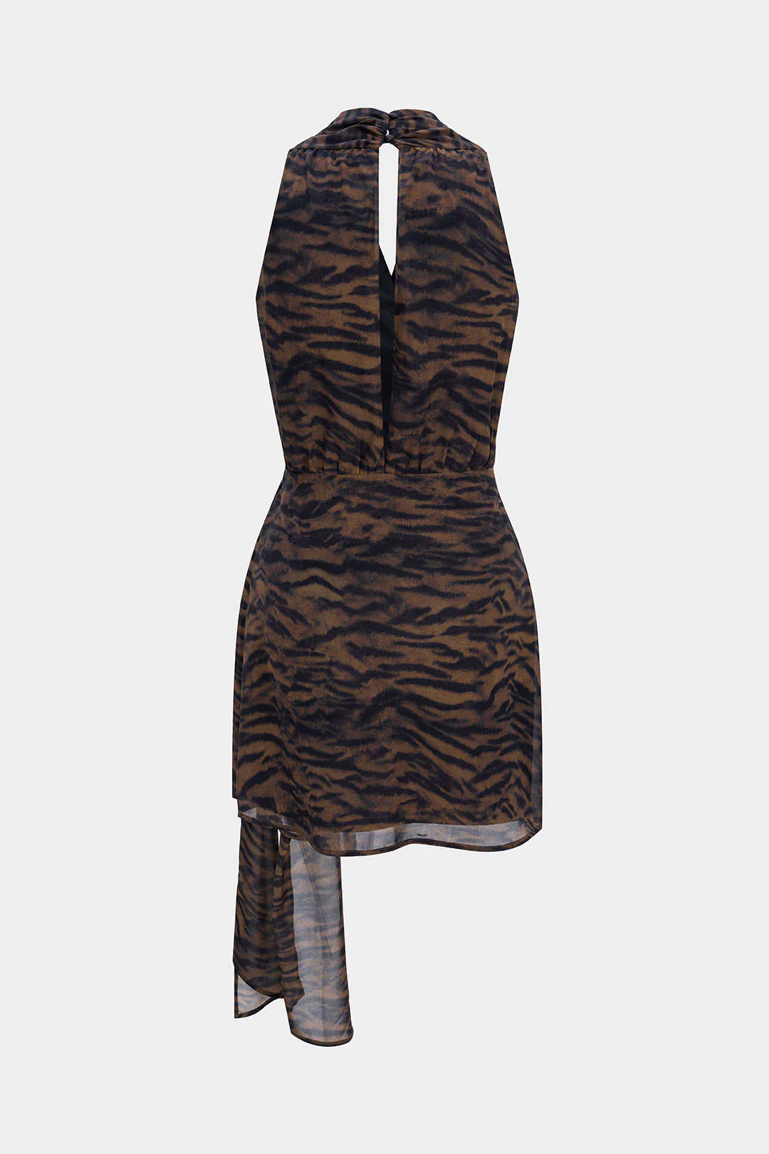 Tiger Print Chiffon V-Neck Asymmetrical Knotted Ruched Sleeveless Mini Dress - Image 2