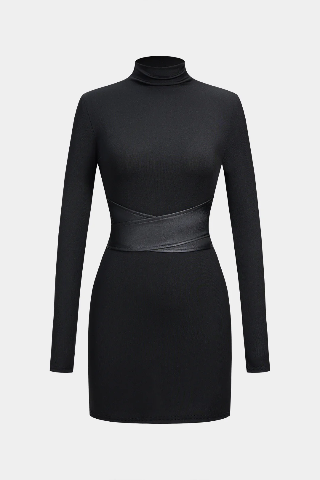 Mock Neck Crossed Waist-Cinching Long-Sleeve Mini Dress