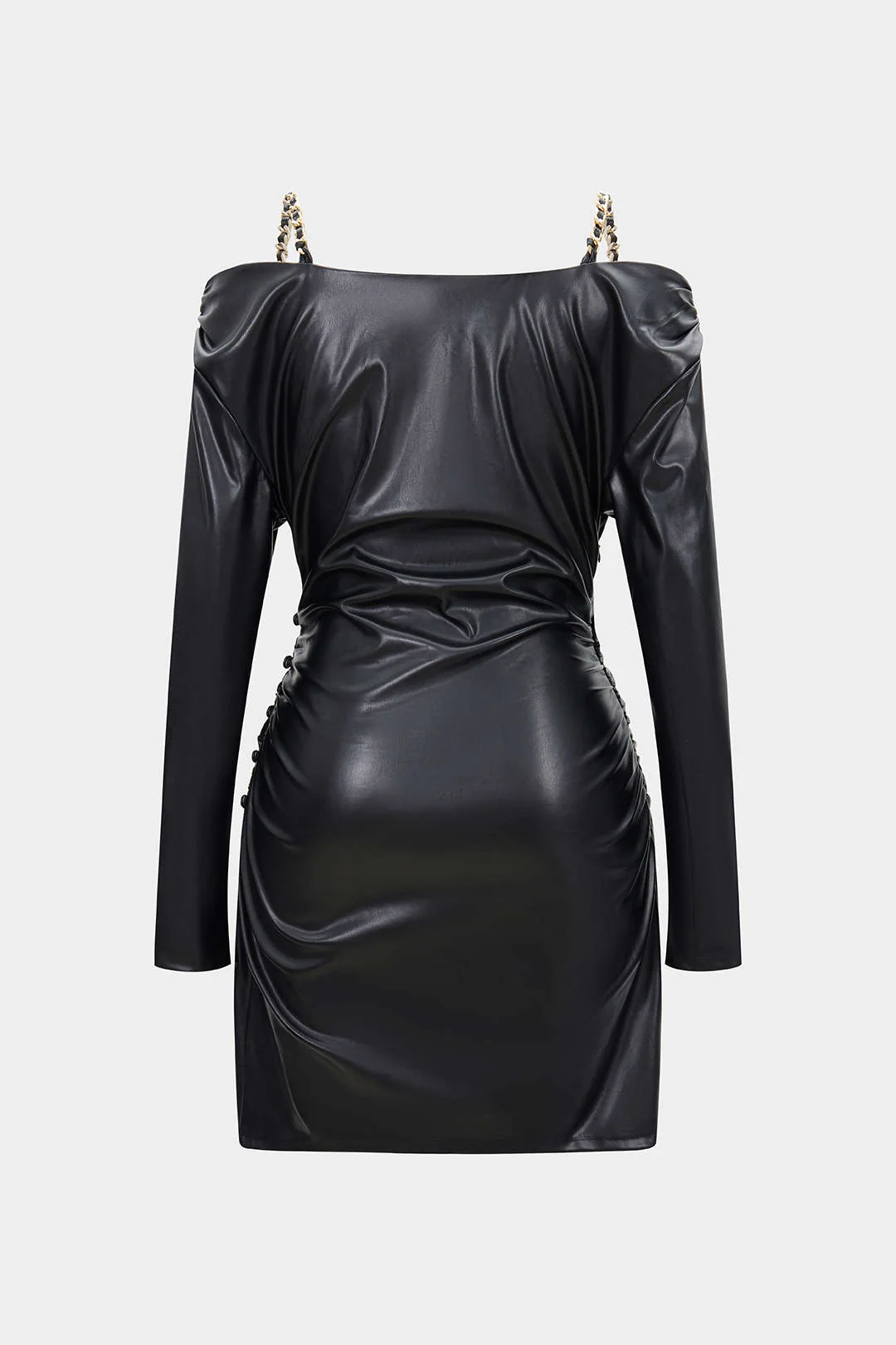 Faux Leather Chain Off Shoulder Long Sleeve Mini Dress - Image 2