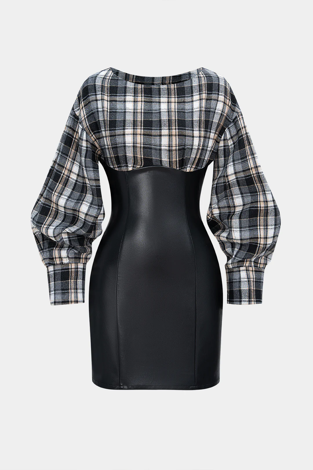 Plaid Print Faux Leather Patchwork Long Sleeve Mini Dress