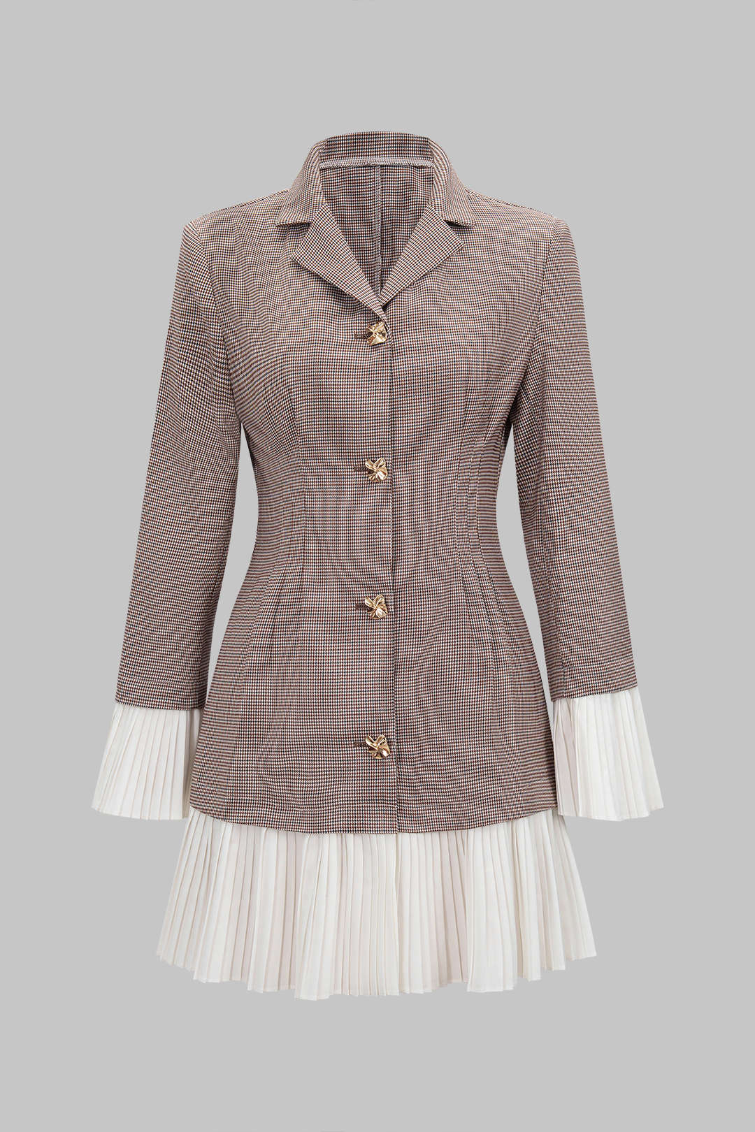 Houndstooth Print Patchwork Notched Lapel Pleated Hem Long Sleeve Mini Dress