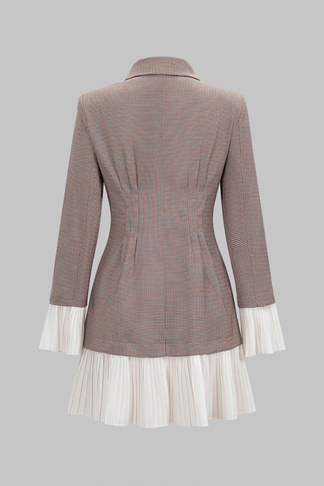 Houndstooth Print Patchwork Notched Lapel Pleated Hem Long Sleeve Mini Dress - Image 2