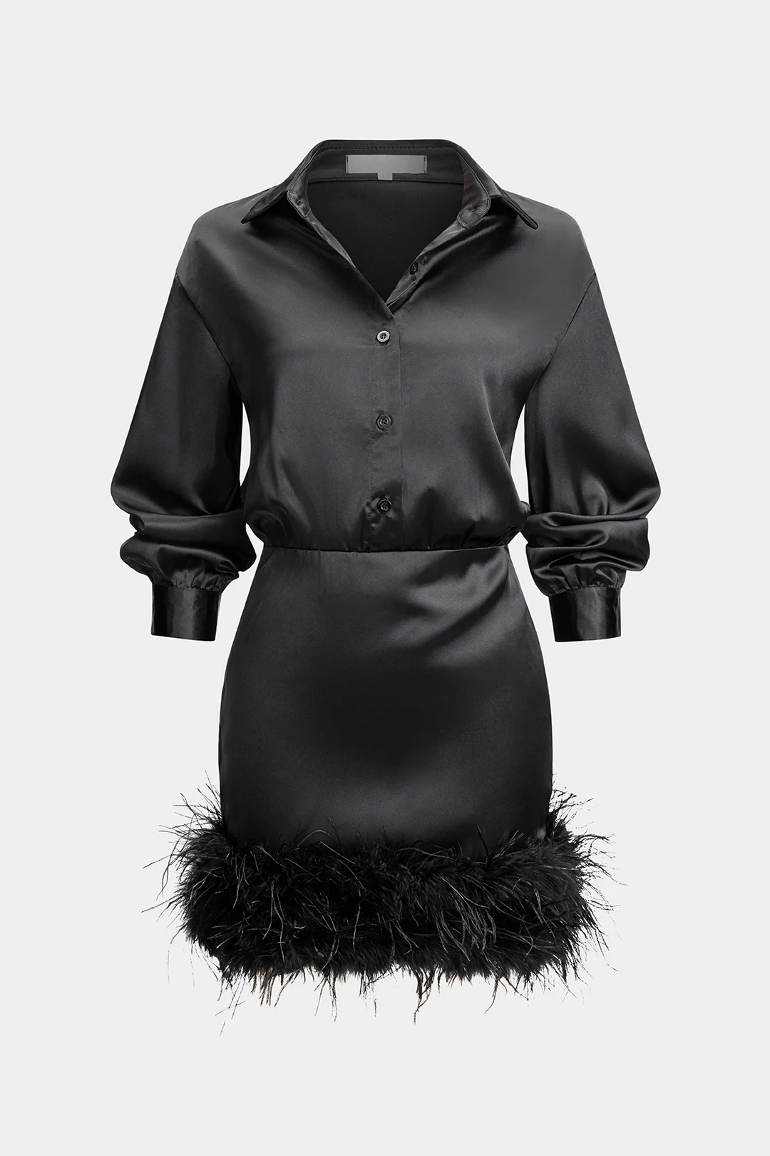 Satin Patchwork Feather Trim Long Sleeve Midi Dress