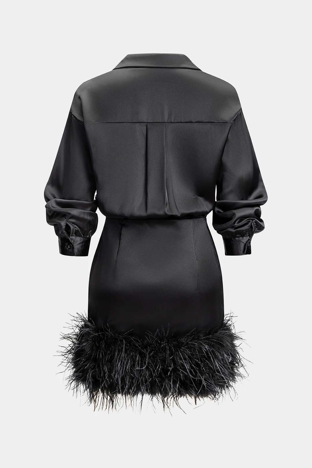 Satin Patchwork Feather Trim Long Sleeve Midi Dress - Image 2