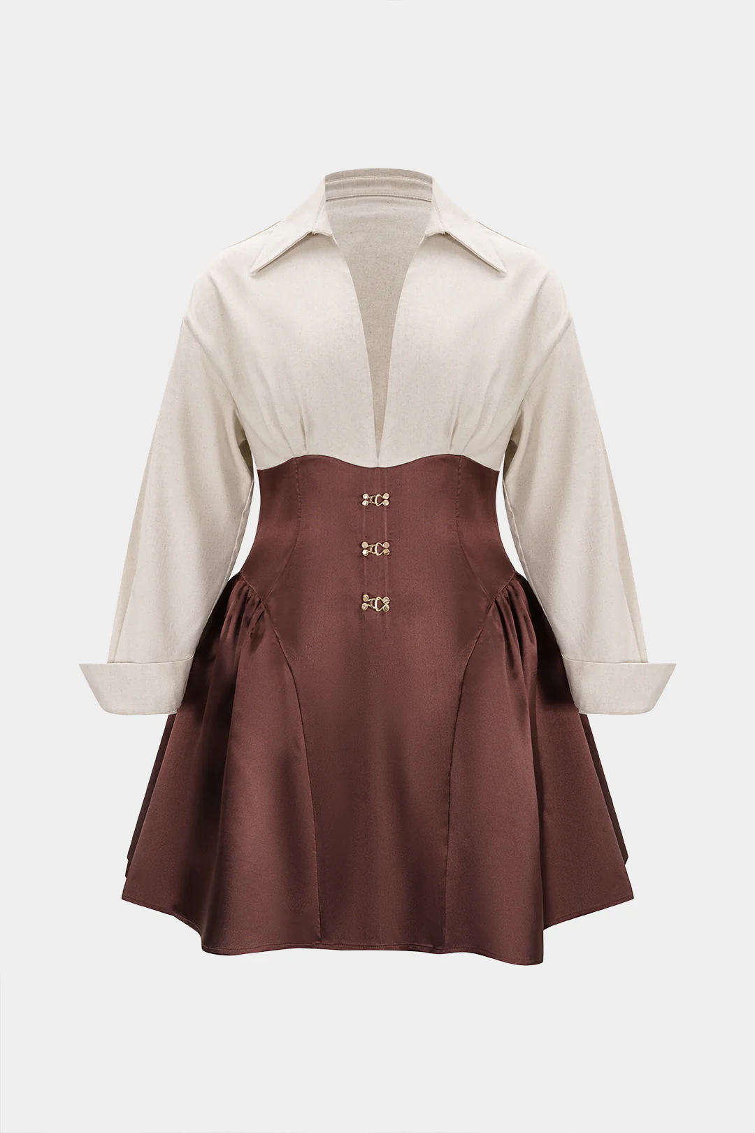 Plus Size Patchwork V-Neck Buckle Long Sleeve Mini Dress