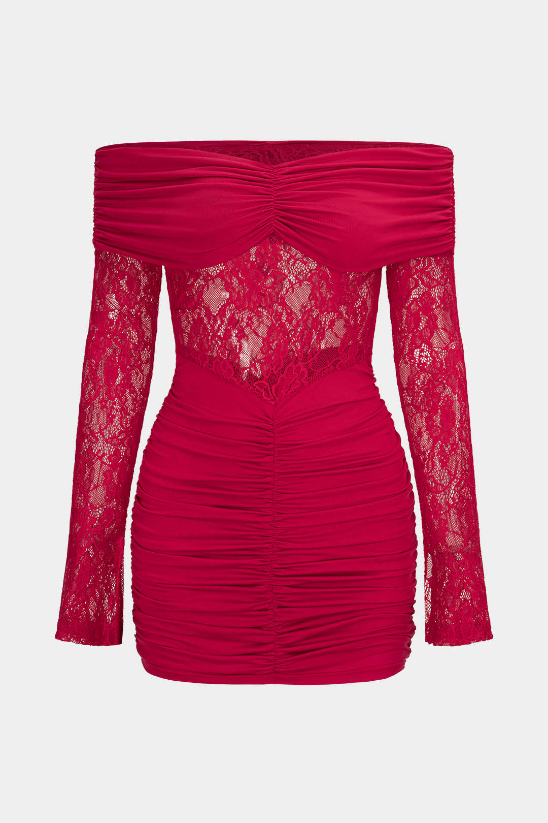 Off Shoulder Lace Patchwork Ruched Long Sleeve Mini Dress