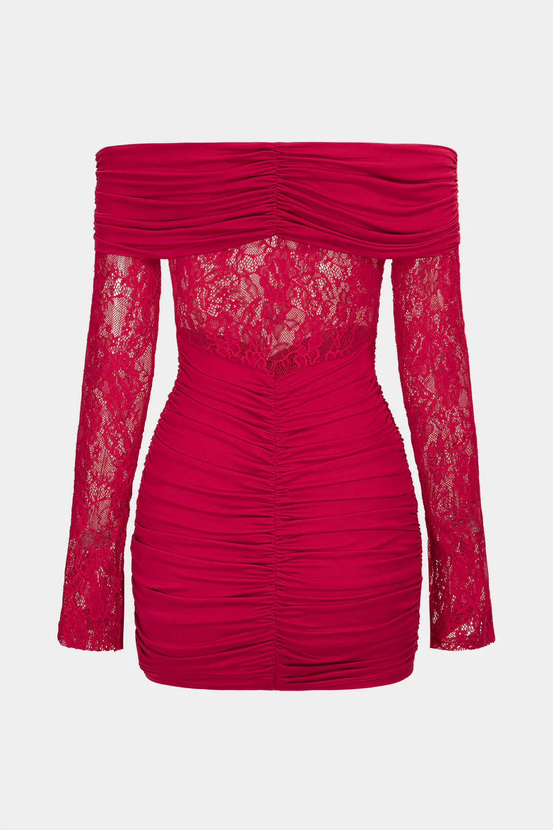Off Shoulder Lace Patchwork Ruched Long Sleeve Mini Dress - Image 2