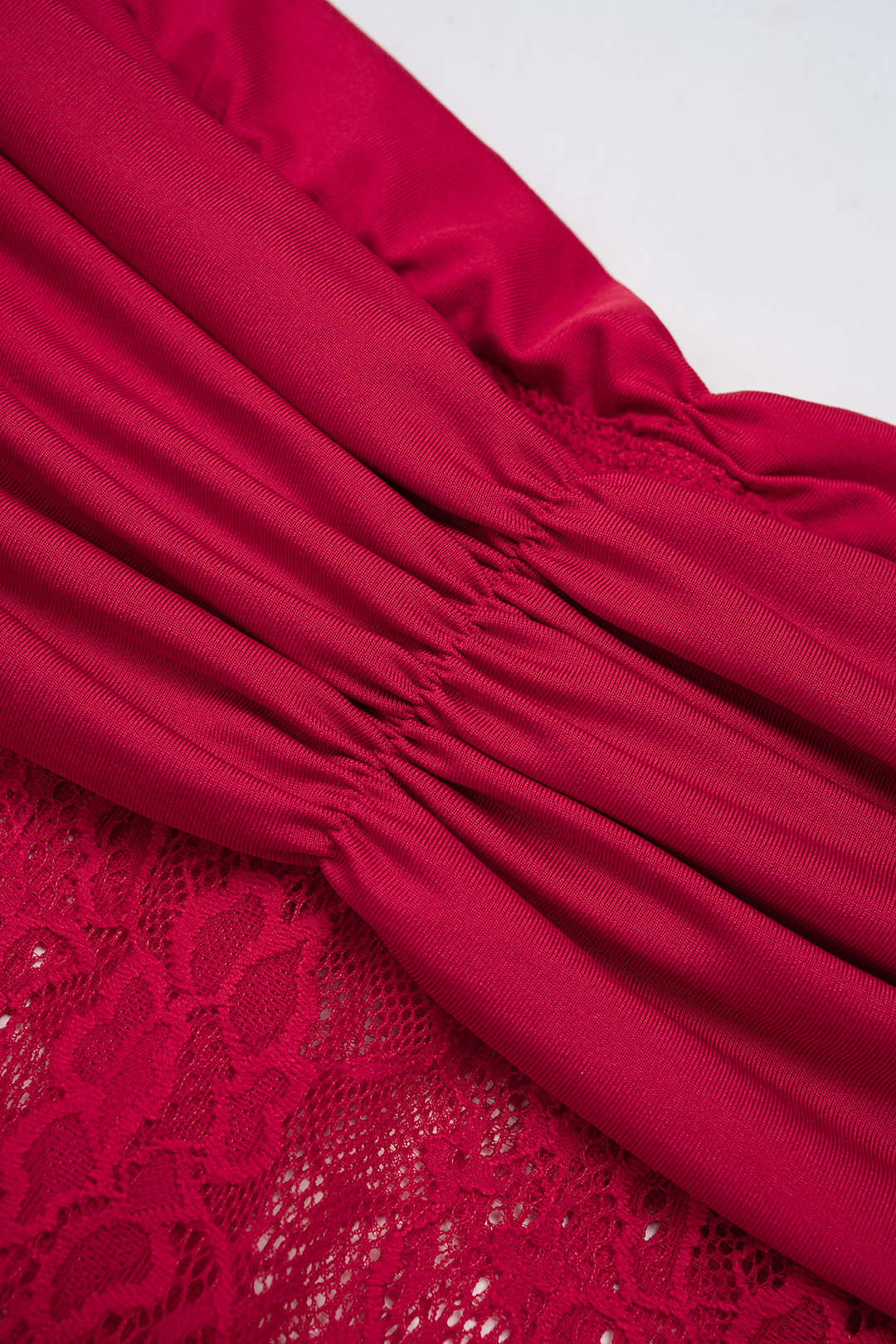 Off Shoulder Lace Patchwork Ruched Long Sleeve Mini Dress - Image 3