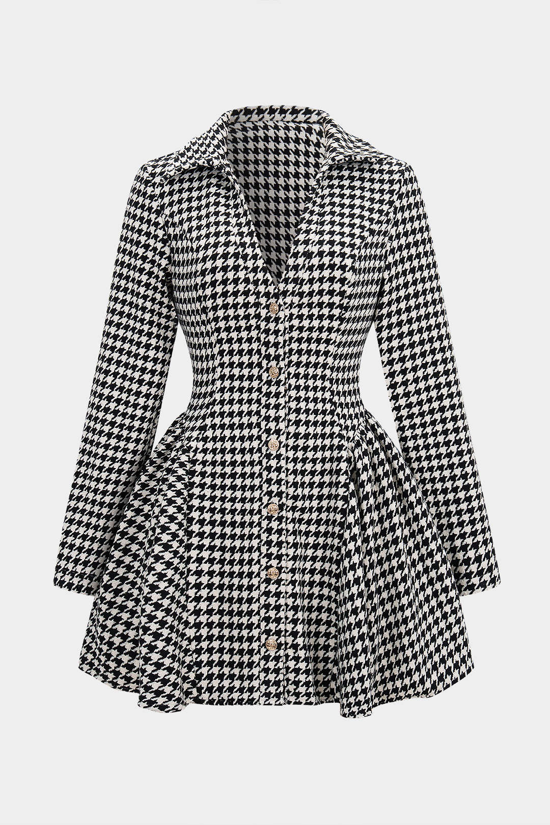 Houndstooth Print Button Ruched V-Neck Long Sleeve Mini Dress