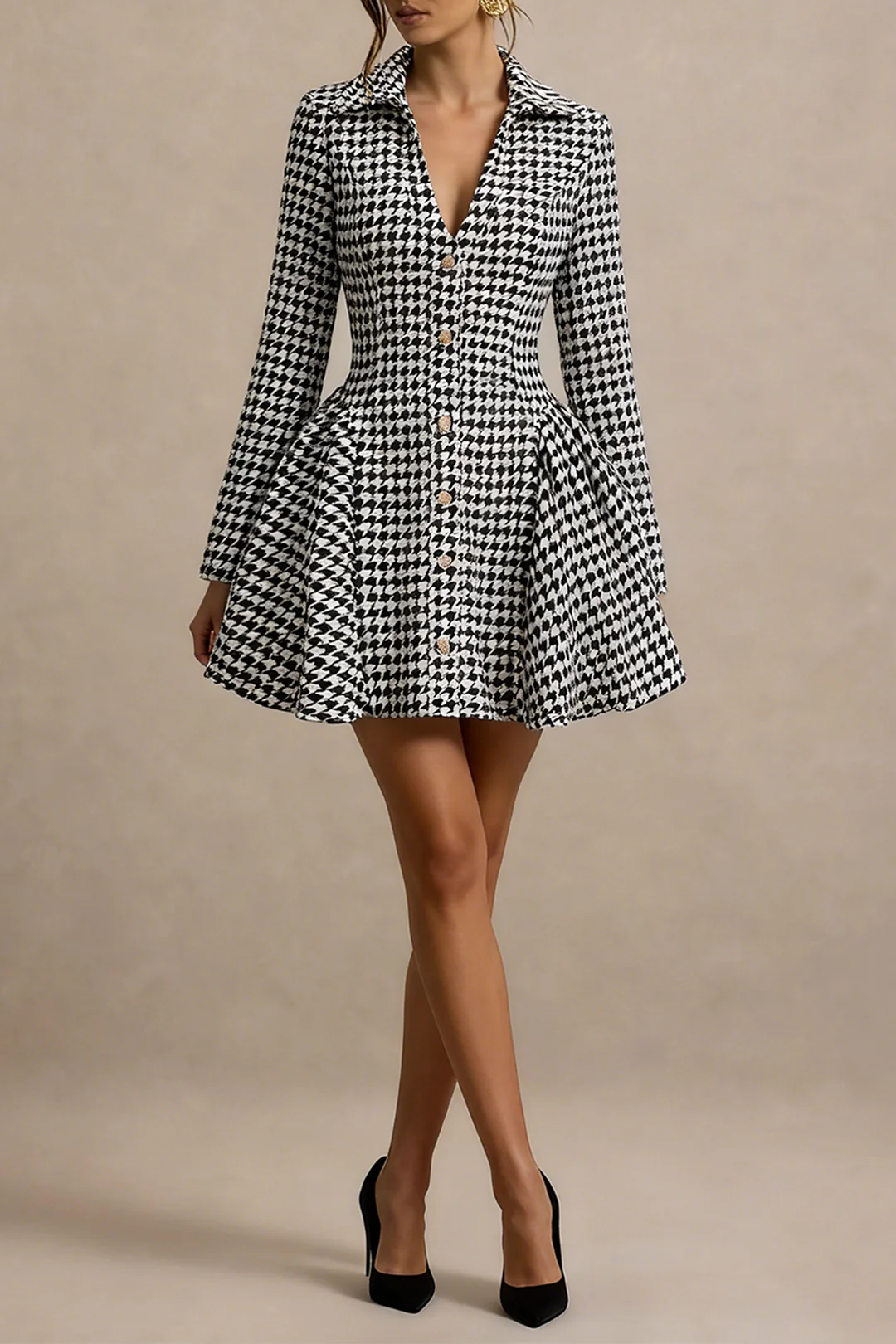Houndstooth Print Button Ruched V-Neck Long Sleeve Mini Dress - Image 5