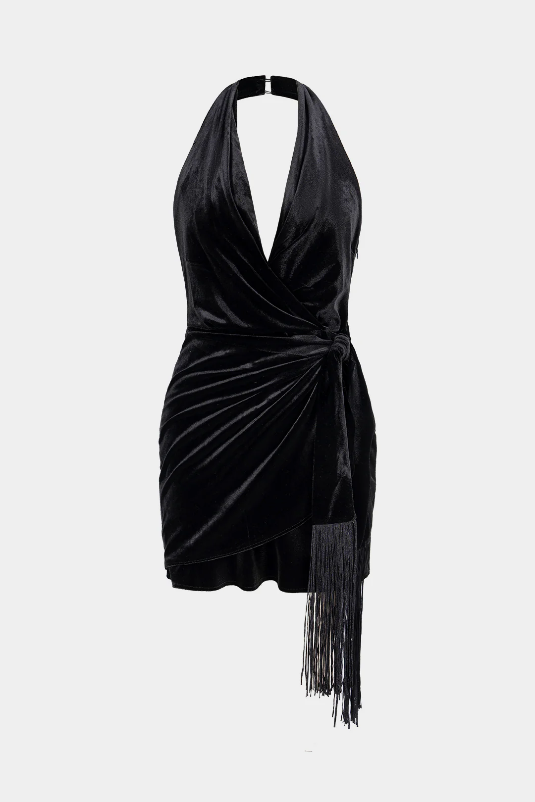 Velvet Halter Neck Fringe Backless Sleeveless Mini Dress