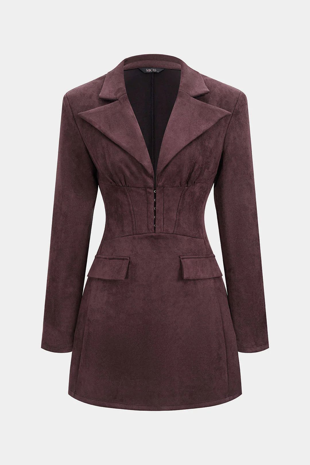 Notched Lapel V-Neck Zipper Long Sleeve Mini Dress