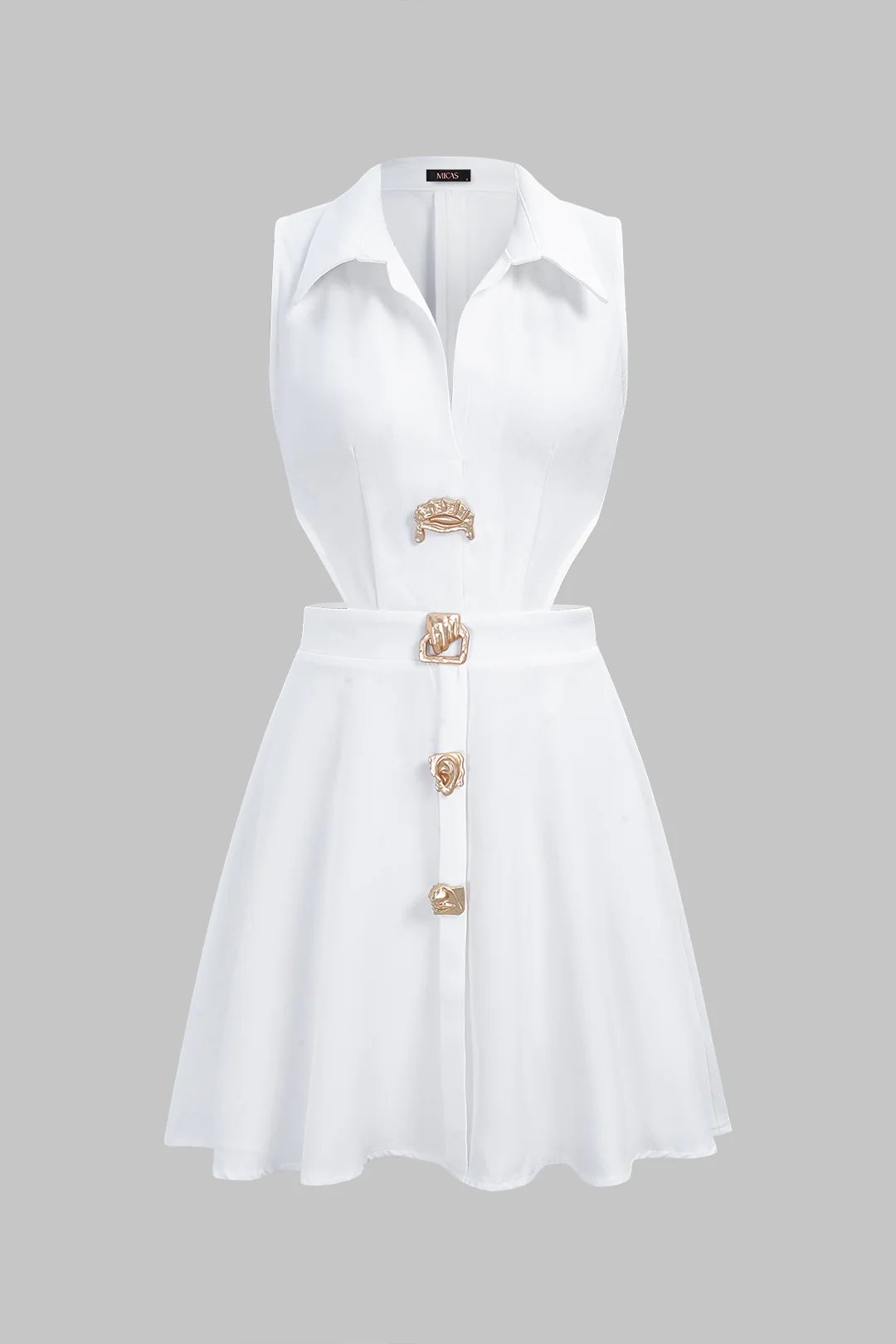 Lapel Metallic Irregular Button Cut Out Sleeveless Mini Dress