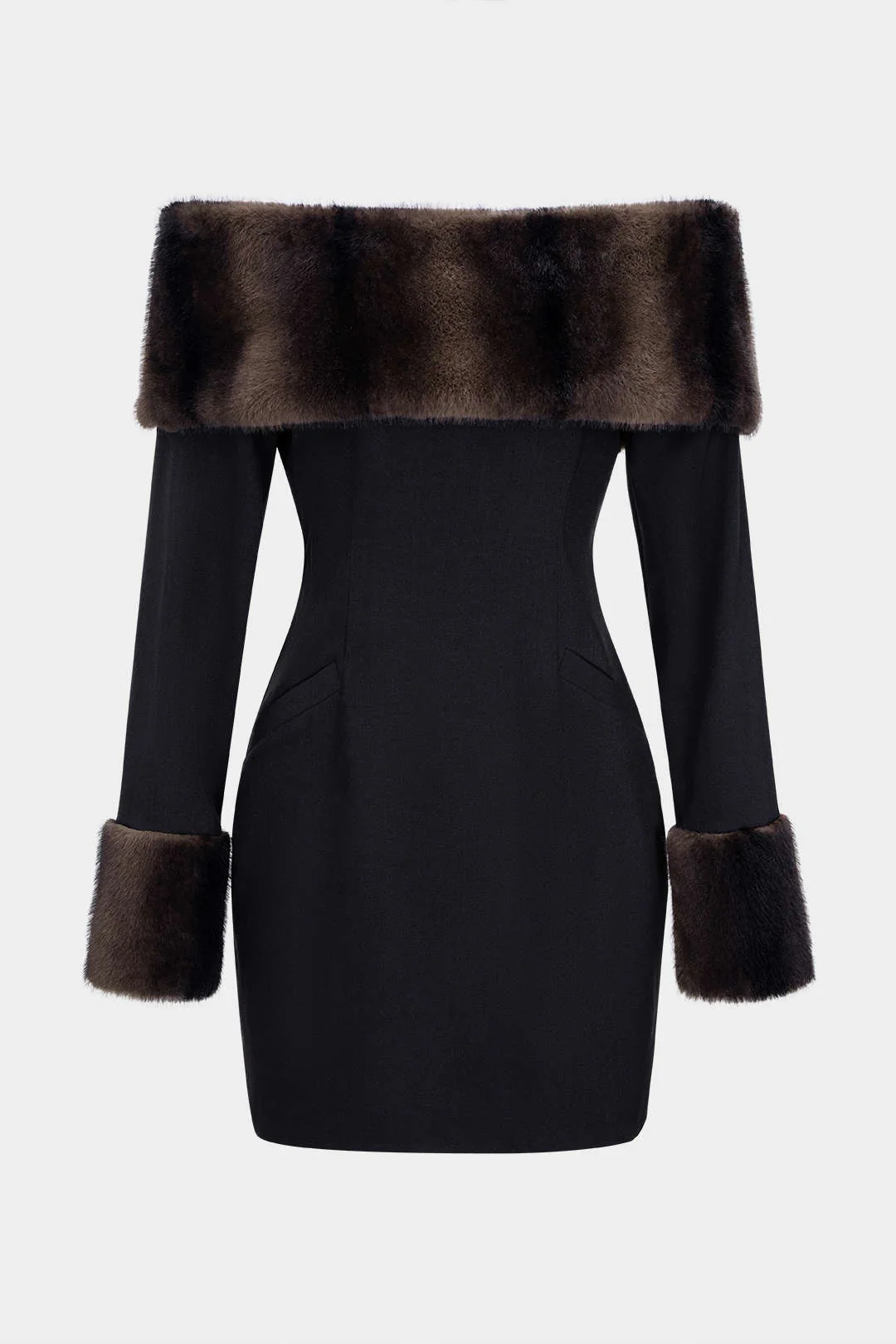 Off Shoulder Faux Fur Patchwork Long Sleeve Mini Dress