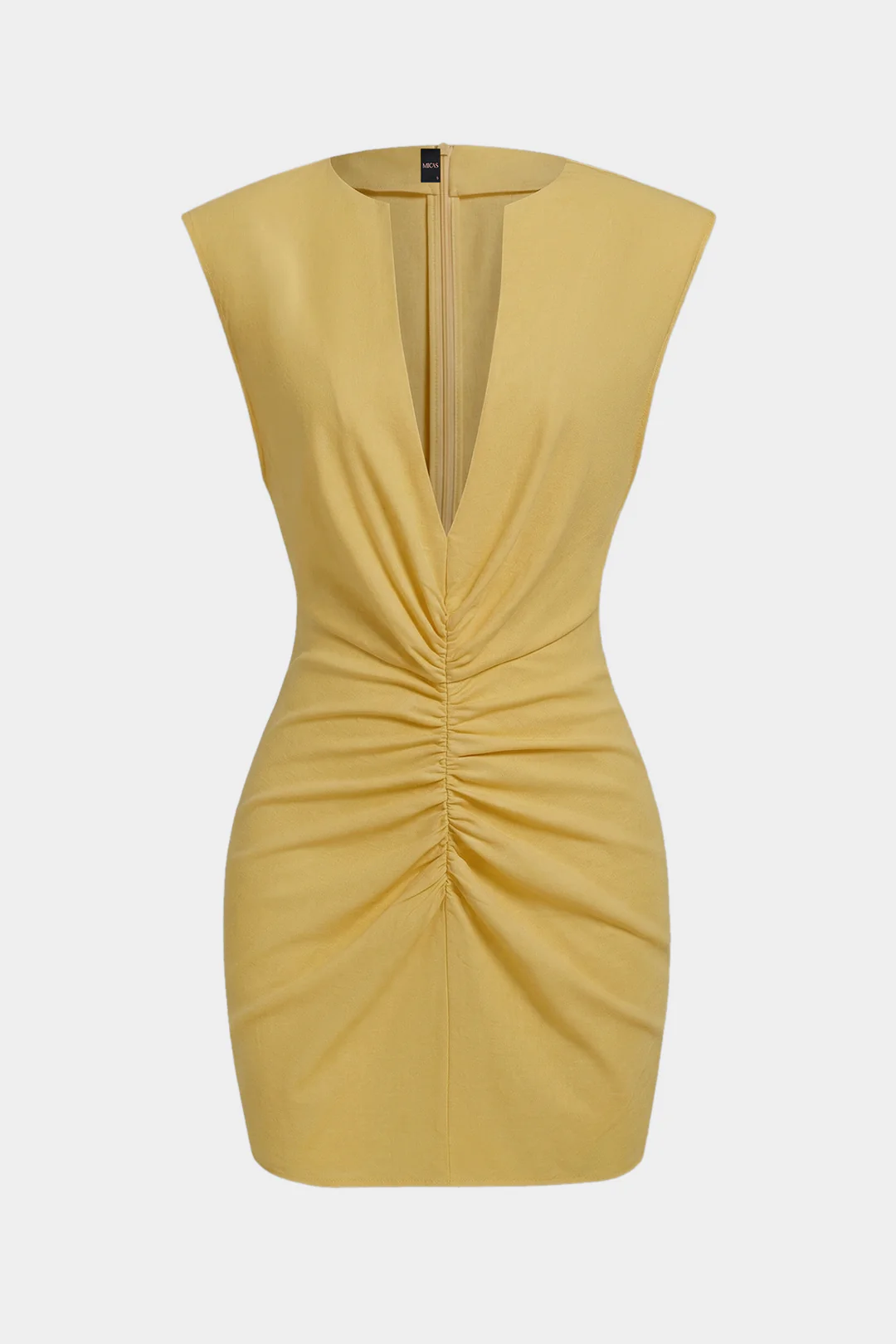 V-Neck Linen Ruched Zipper Sleeveless Mini Dress - Image 5