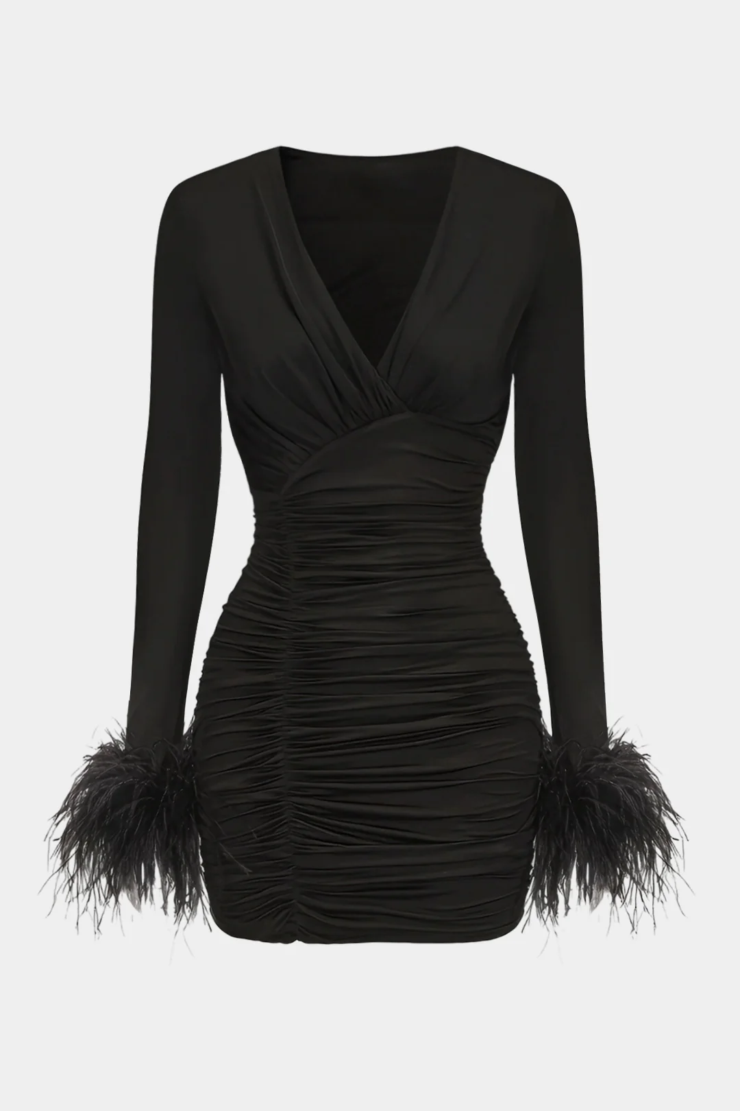 Ruched Feather Trim V-Neck Asymmetrical Long Sleeve Mini Dress