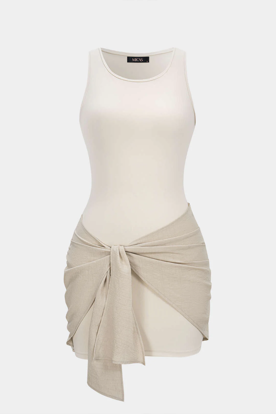 Patchwork Round Neck Tie Front Ruched Sleeveless Mini Dress