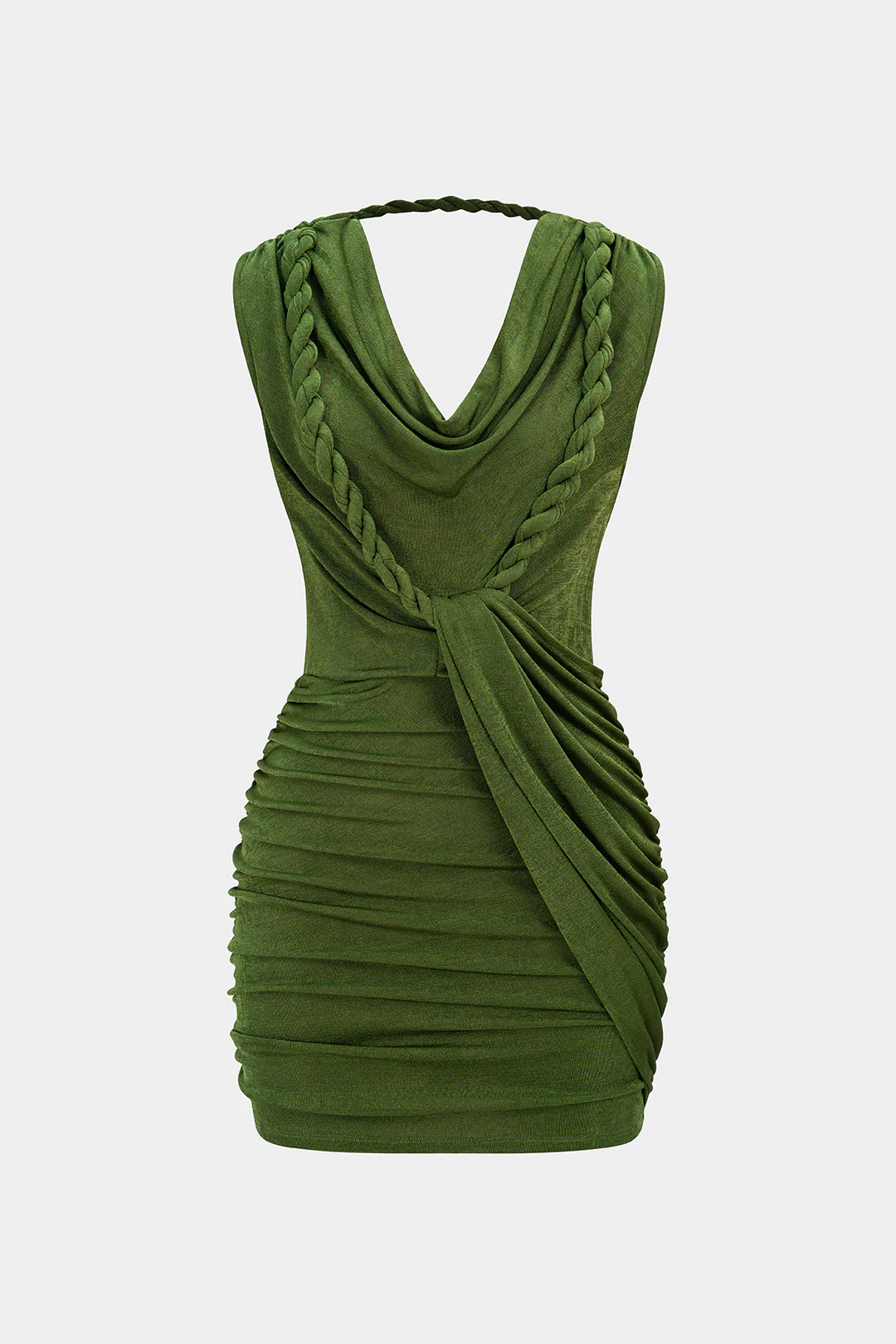 Draped Cowl Neck Twist Knot Asymmetrical Sleeveless Mini Dress