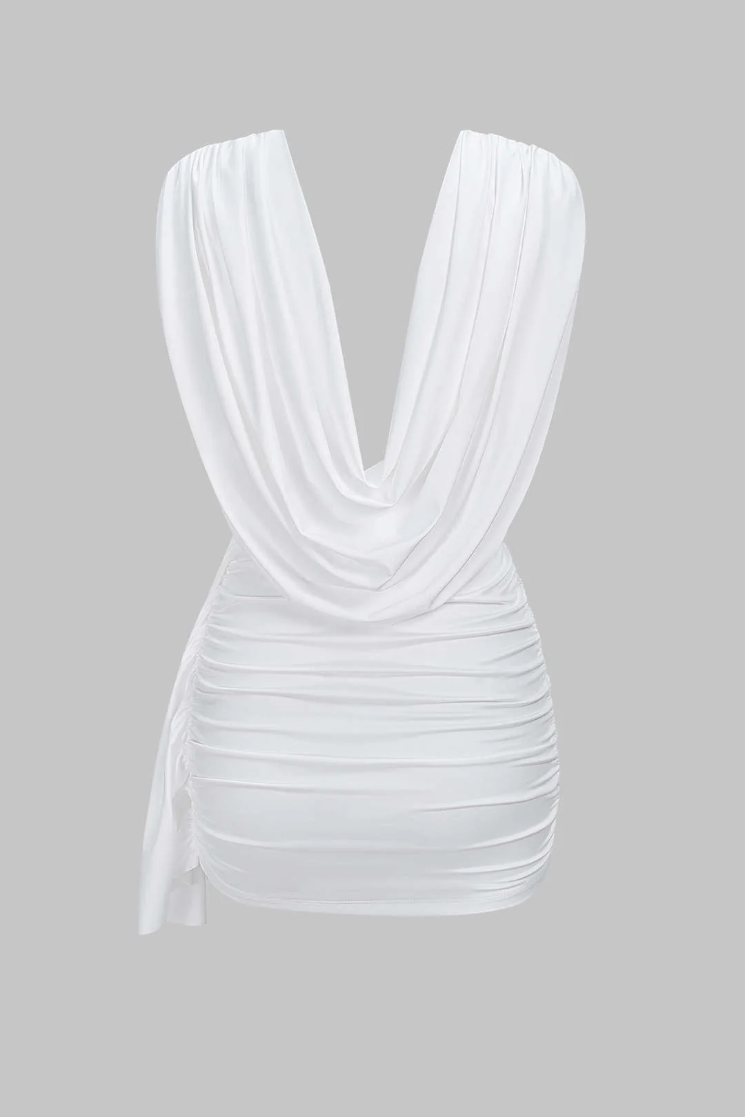Ruched Draped Cowl Neck Asymmetrical Sleeveless Mini Dress - Image 2