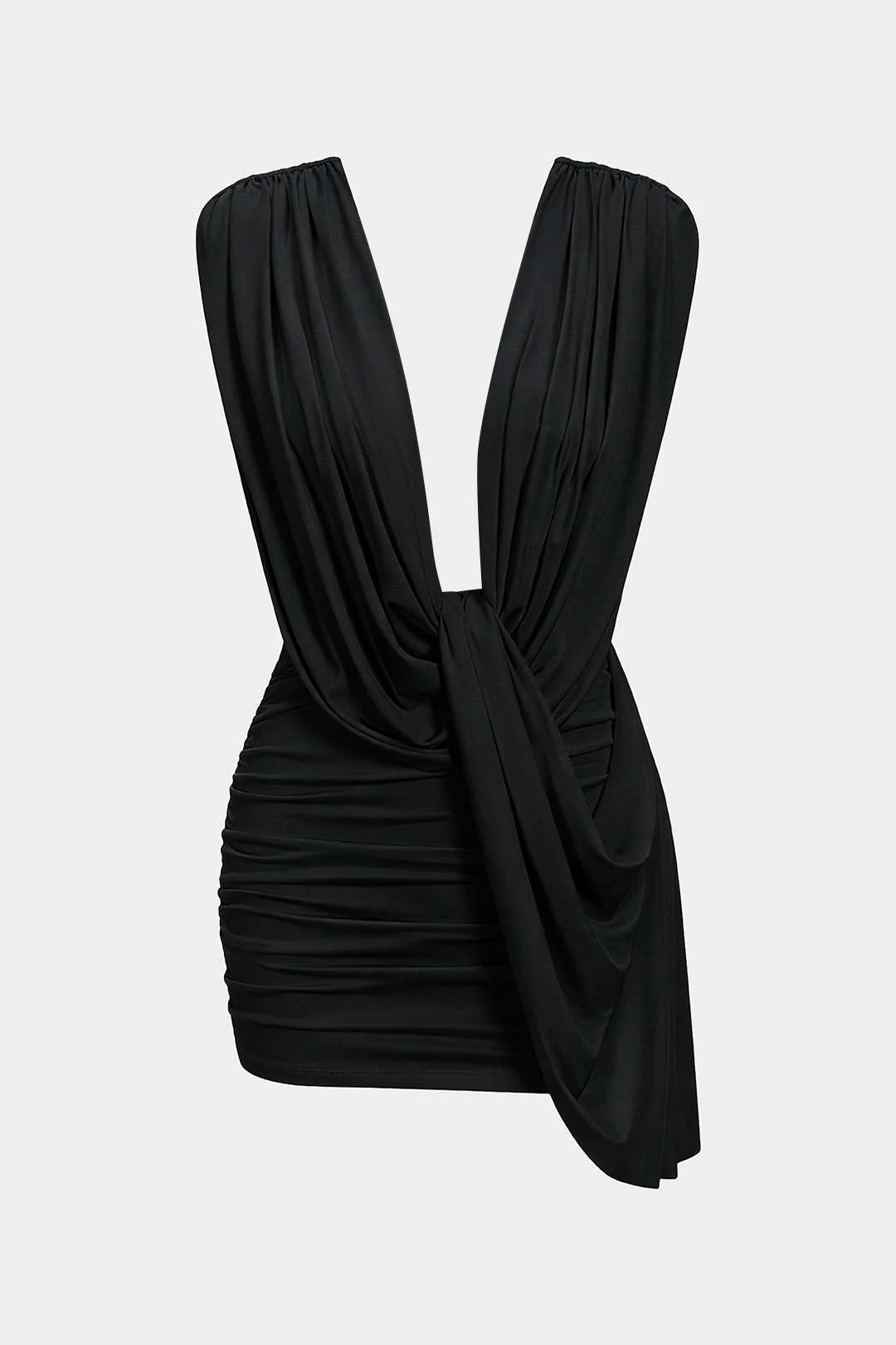 Ruched Draped Cowl Neck Asymmetrical Sleeveless Mini Dress - Image 6