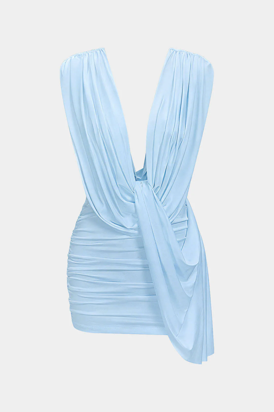 Ruched Draped Cowl Neck Asymmetrical Sleeveless Mini Dress - Image 7