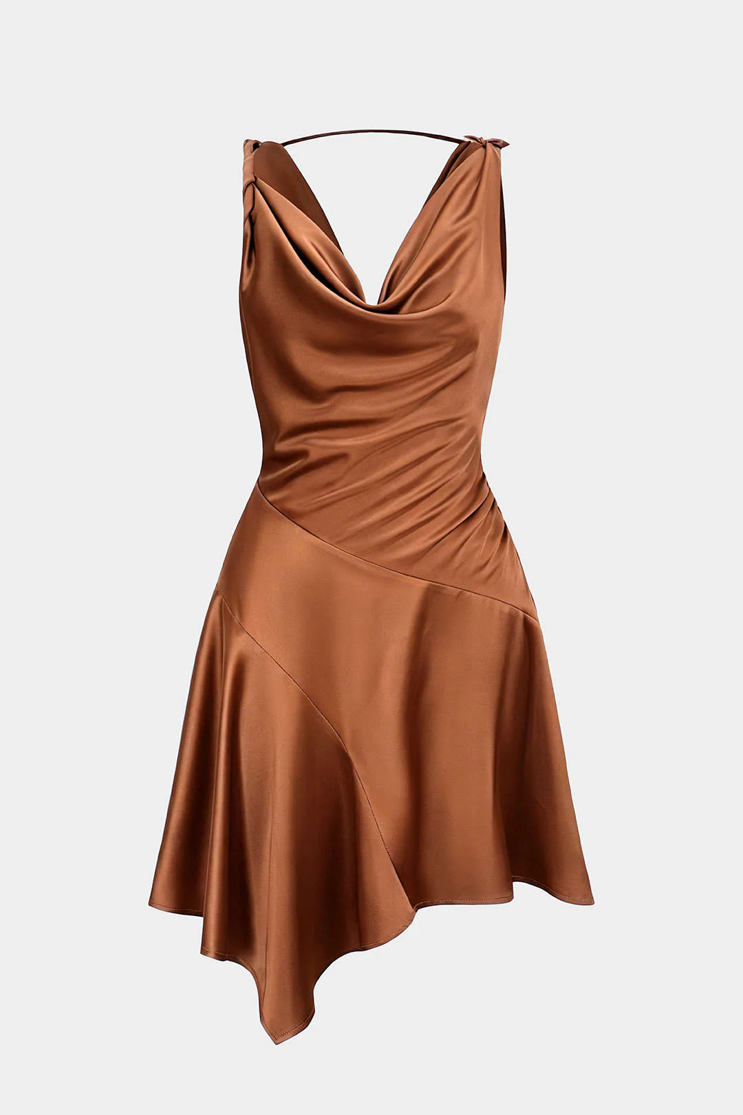 Satin Draped Cowl Neck Asymmetrical Ruched Sleeveless Mini Dress - Image 6