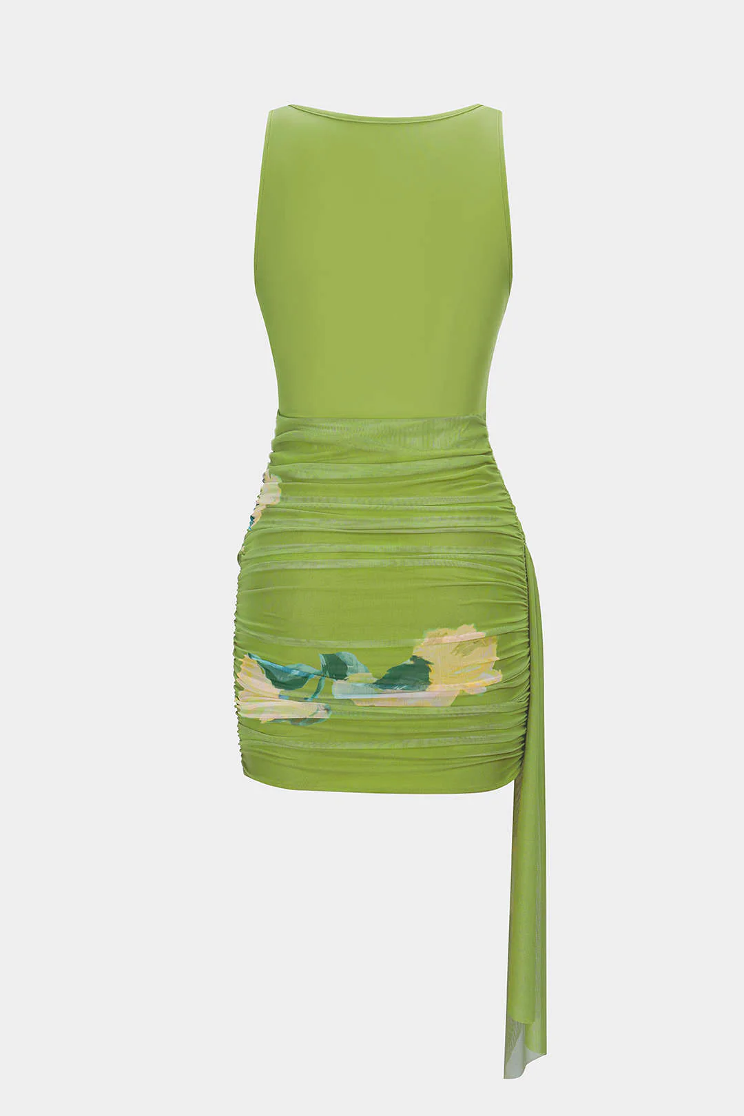 Floral Print Mesh Patchwork Round Neck Asymmetrical Ruched Sleeveless Mini Dress - Image 2