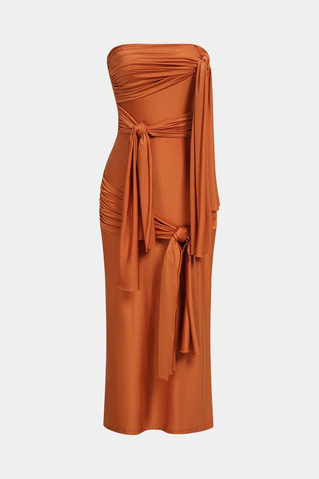 Solid Asymmetrical Knotted Ruched Sleeveless Maxi Dress