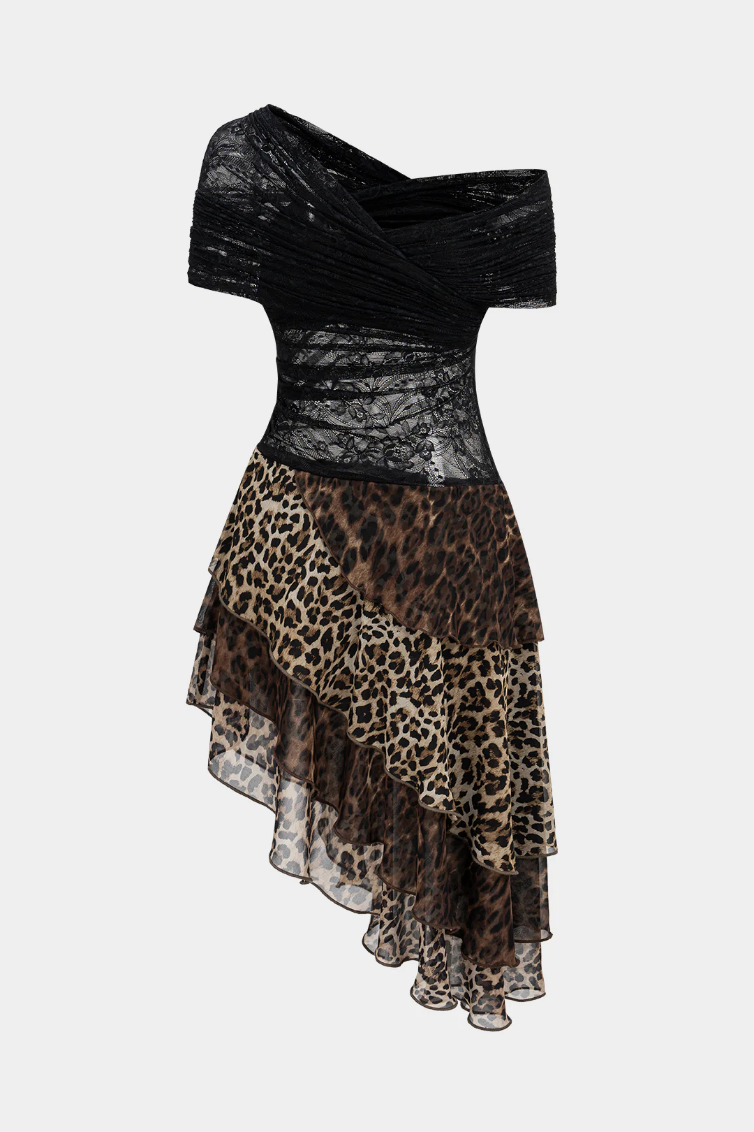Leopard Print Lace Patchwork Asymmetrical Hem Sleeveless Mini Dress - Image 2
