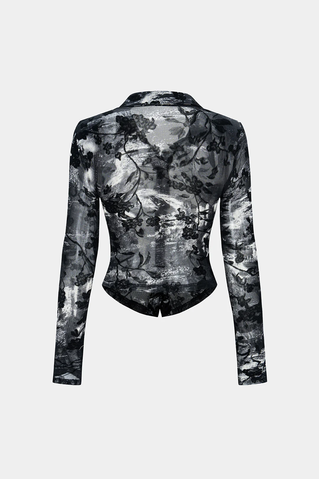 Sheer Floral Print Lapel Long Sleeve Top - Image 2