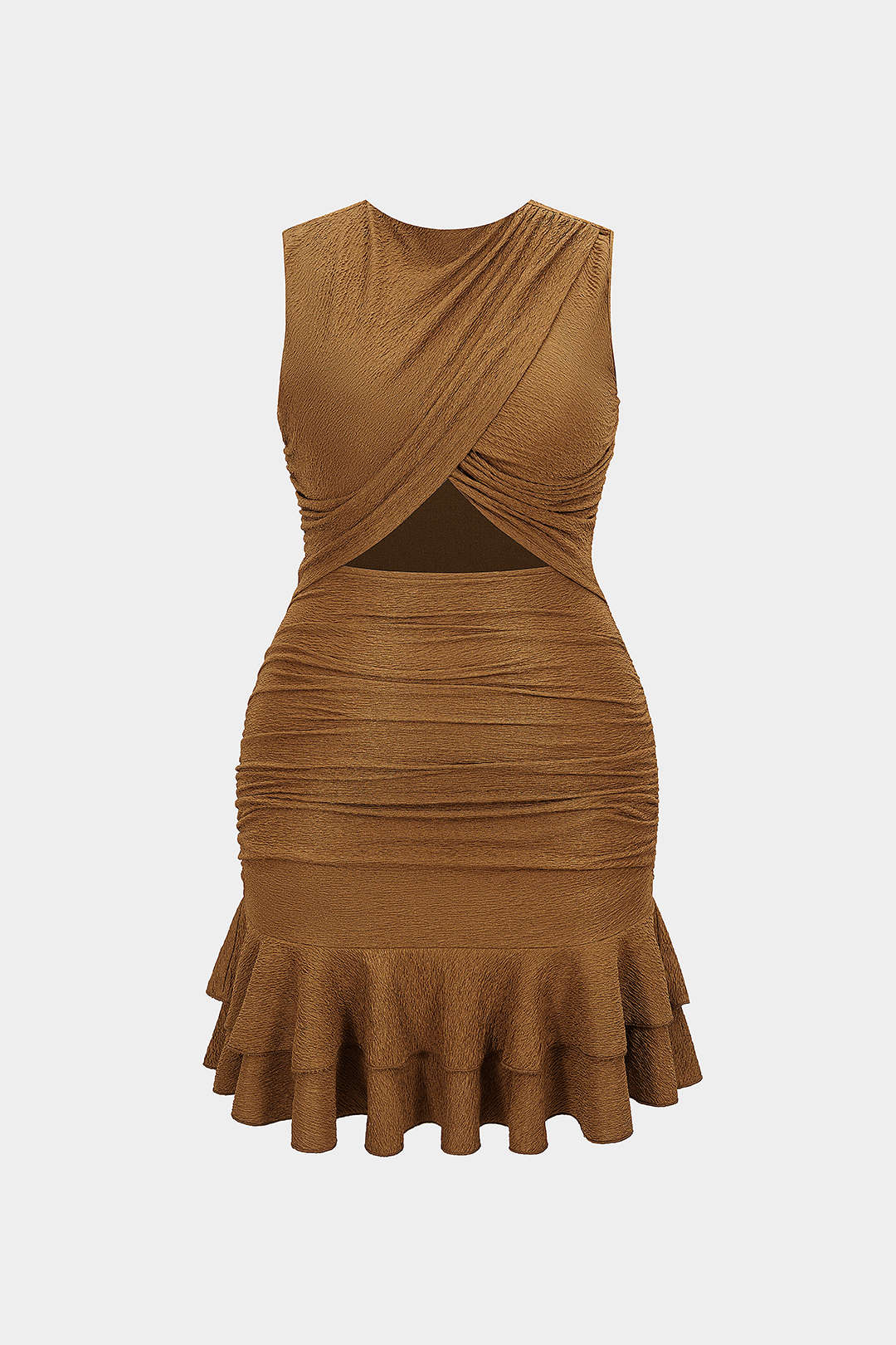 Plus Size Round Neck Cut Out Ruched Sleeveless Mini Dress