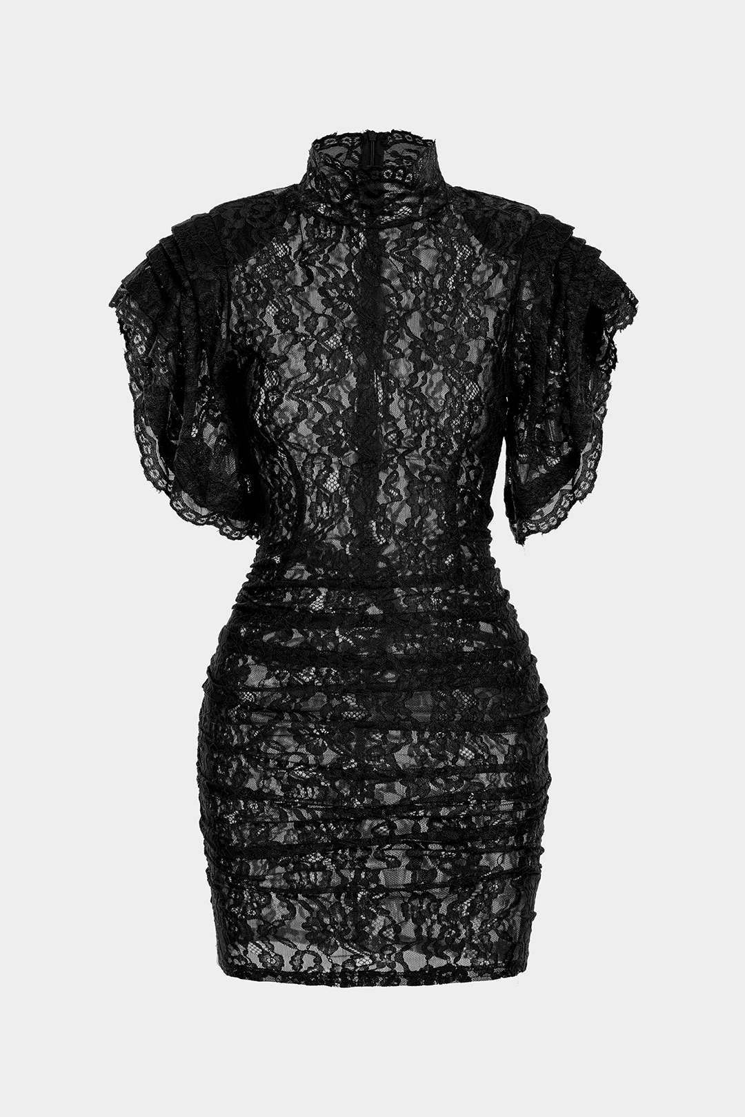 Sheer Lace Mock Neck Ruched Short Sleeve Mini Dress - Image 11