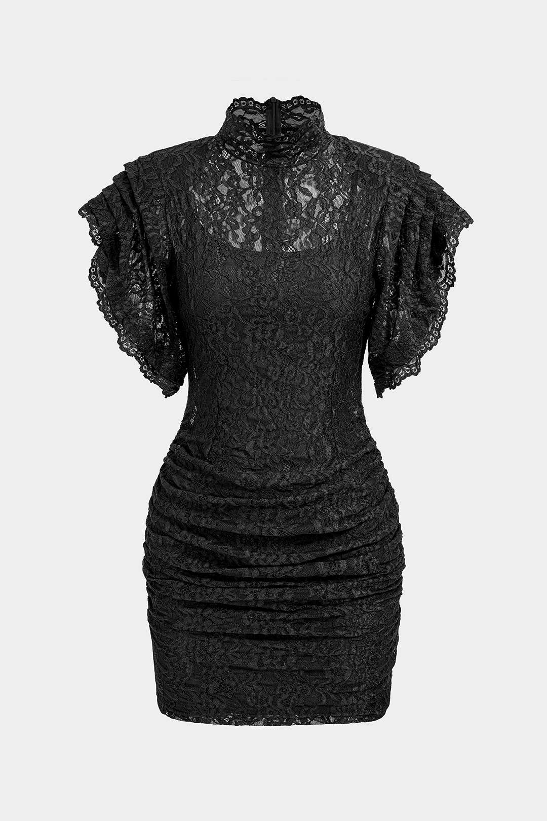 Sheer Lace Mock Neck Ruched Short Sleeve Mini Dress - Image 12