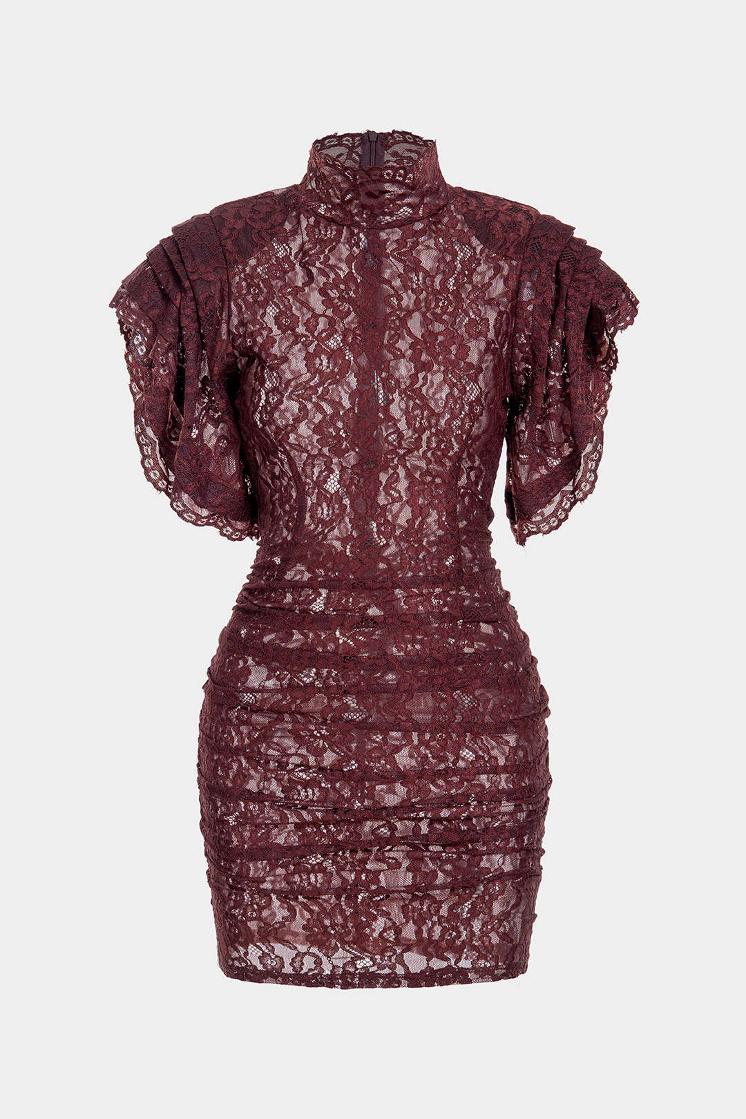 Sheer Lace Mock Neck Ruched Short Sleeve Mini Dress - Image 13