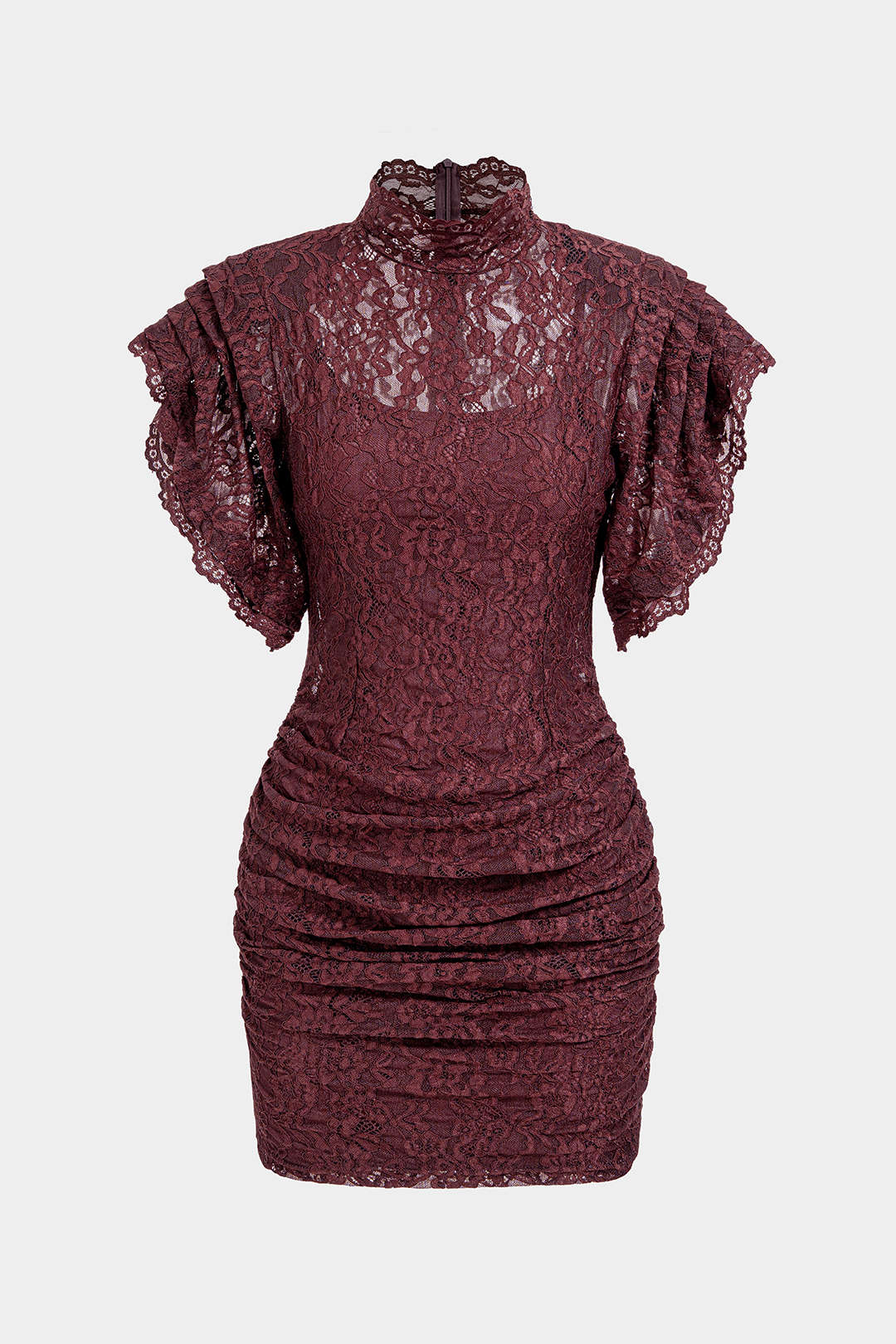 Sheer Lace Mock Neck Ruched Short Sleeve Mini Dress - Image 14