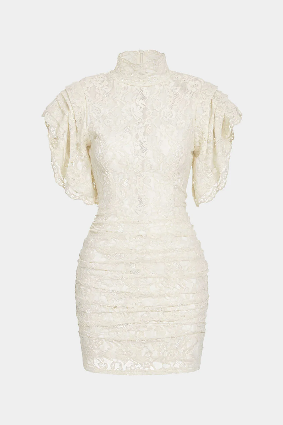 Sheer Lace Mock Neck Ruched Short Sleeve Mini Dress - Image 15
