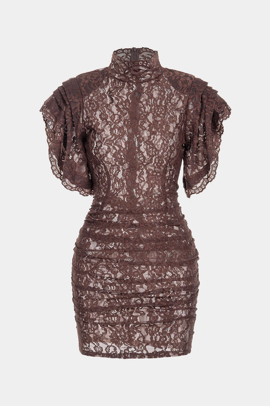 Sheer Lace Mock Neck Ruched Short Sleeve Mini Dress - Image 3