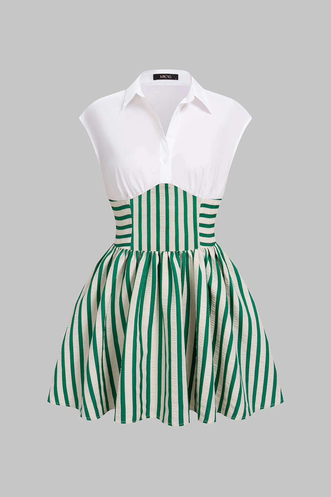 Striped Lapel Ruched Sleeveless Mini Dress