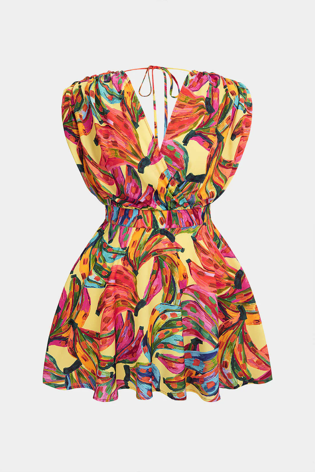 Plus Size Abstract Print V-Neck Tie-Up Sleeveless Mini Dress