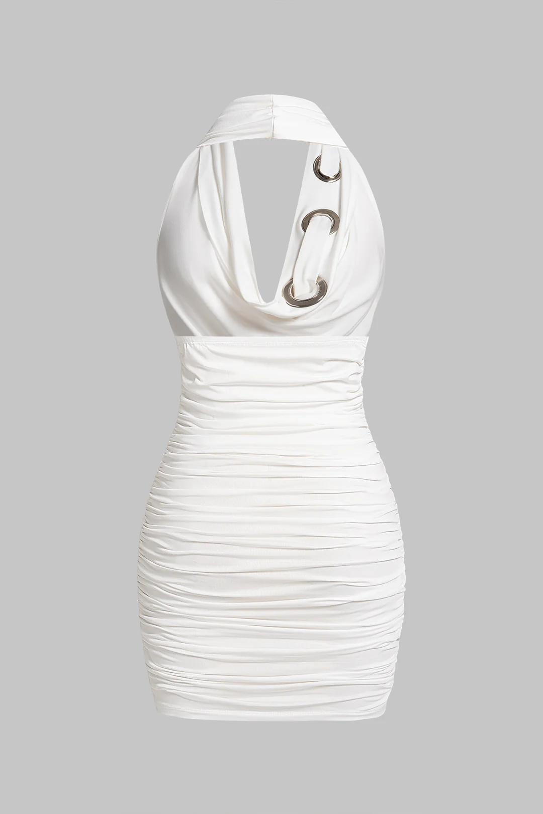 Draped Cowl Neck Asymmetrical Metallic Rings Ruched Sleeveless Mini Dress - Image 2