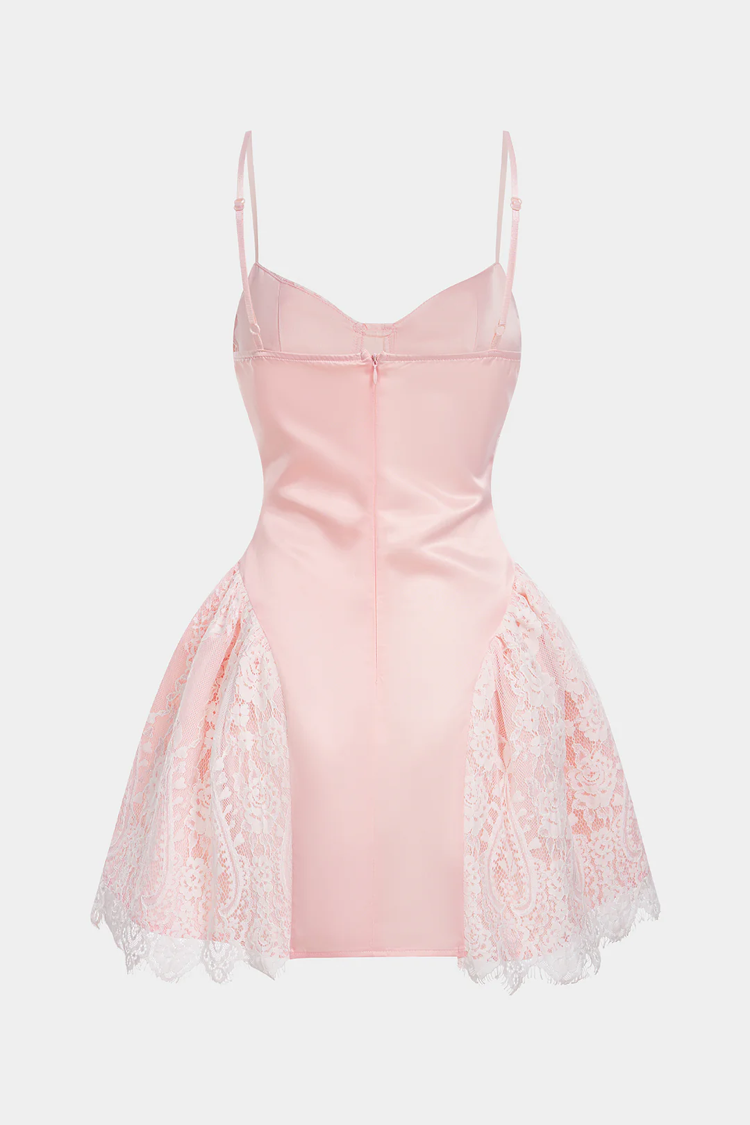 Satin Patchwork Lace Zipper Ruched Sleeveless Mini Dress - Image 2