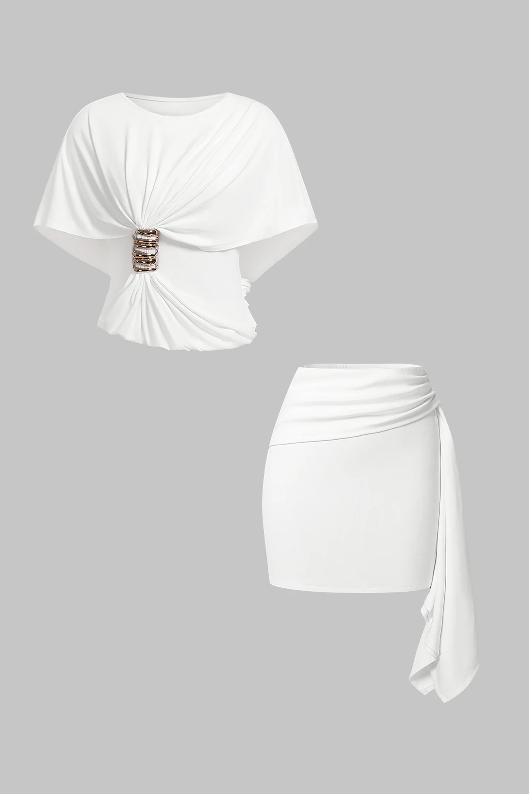 Round Neck Asymmetrical Metal Ring Top And Skirt Set