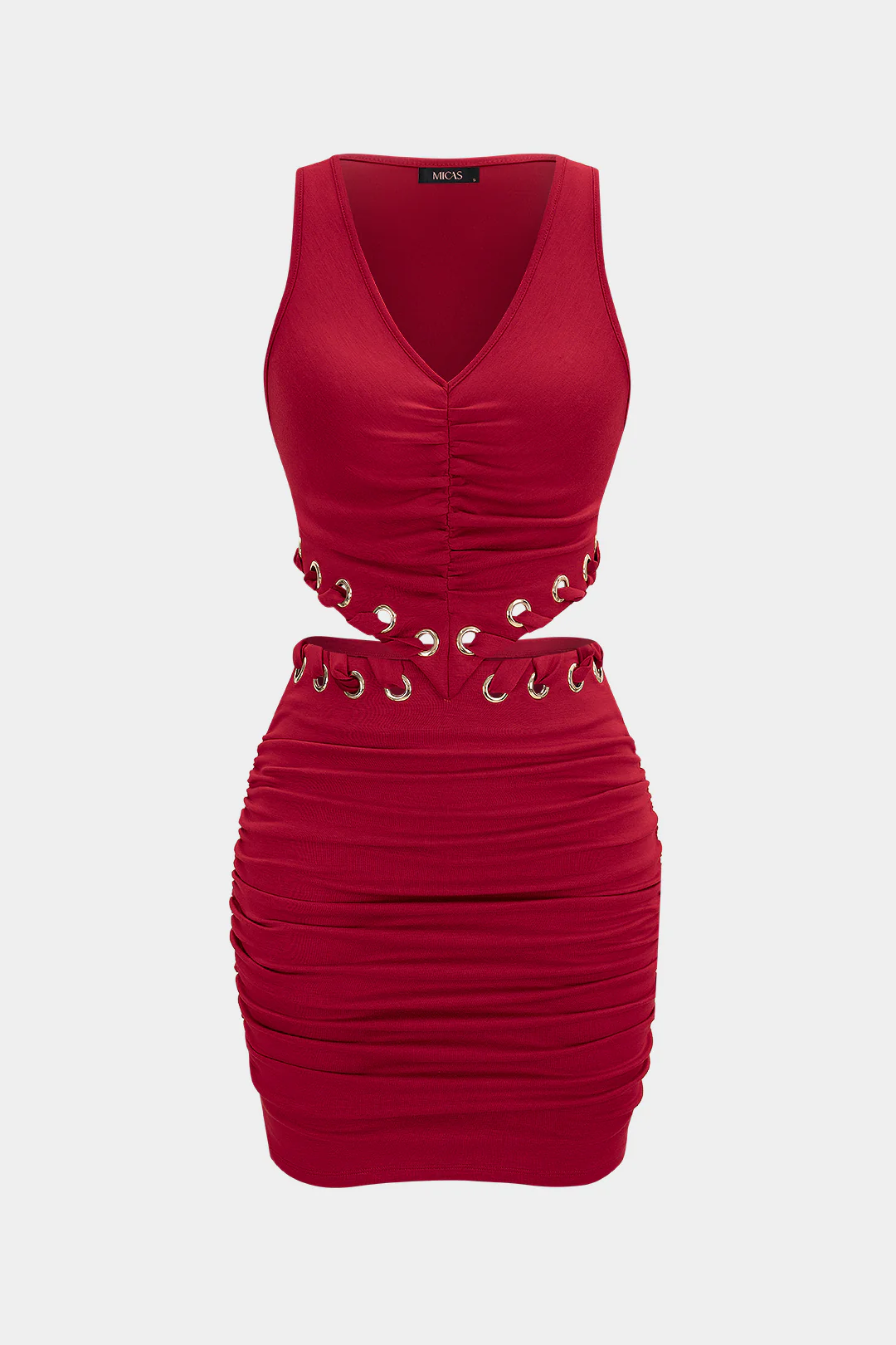 V-Neck Eyelet Cut Out Ruched Sleeveless Mini Dress
