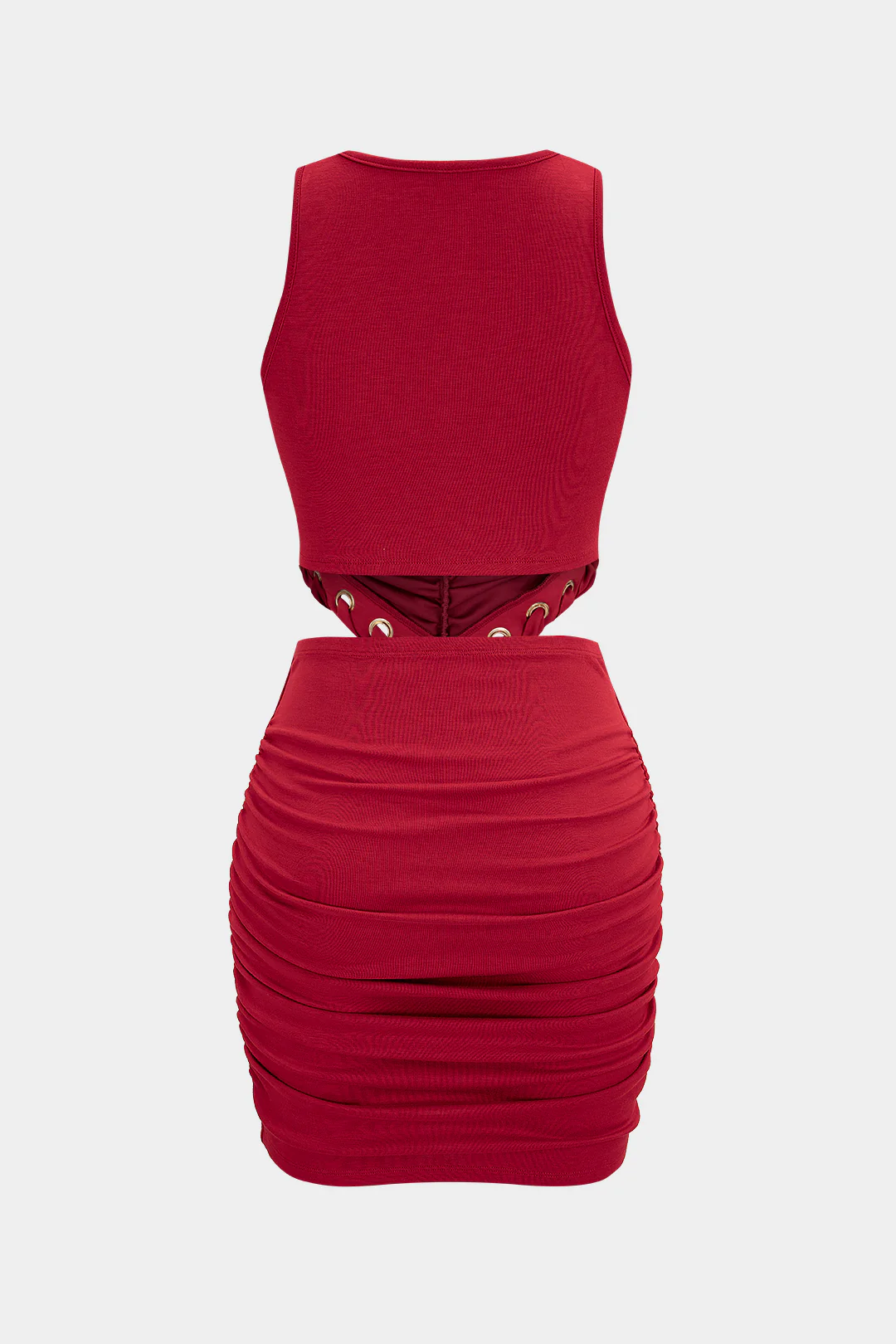 V-Neck Eyelet Cut Out Ruched Sleeveless Mini Dress - Image 2