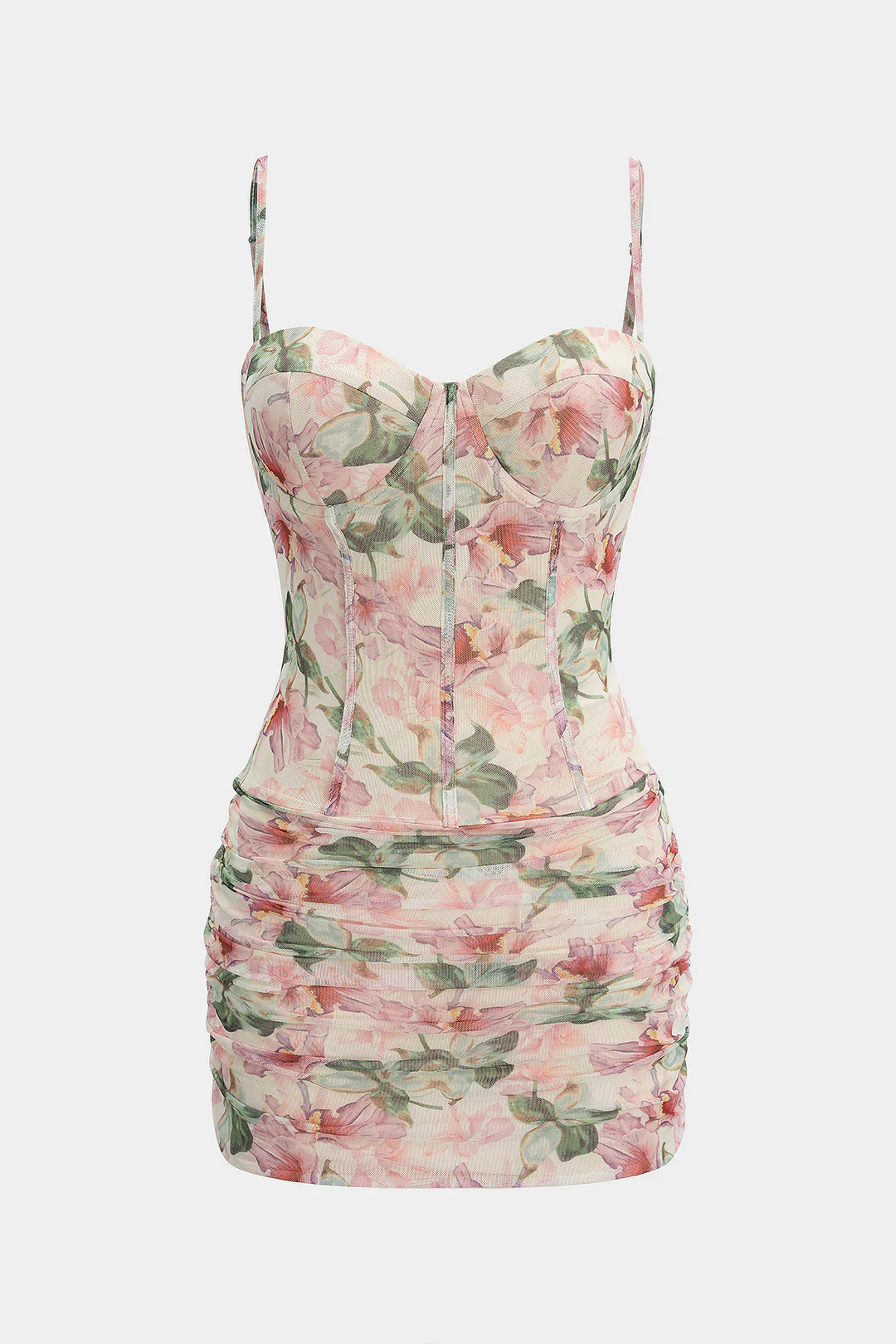 Floral Print Mesh Corset Ruched Sleeveless Mini Dress - Image 2