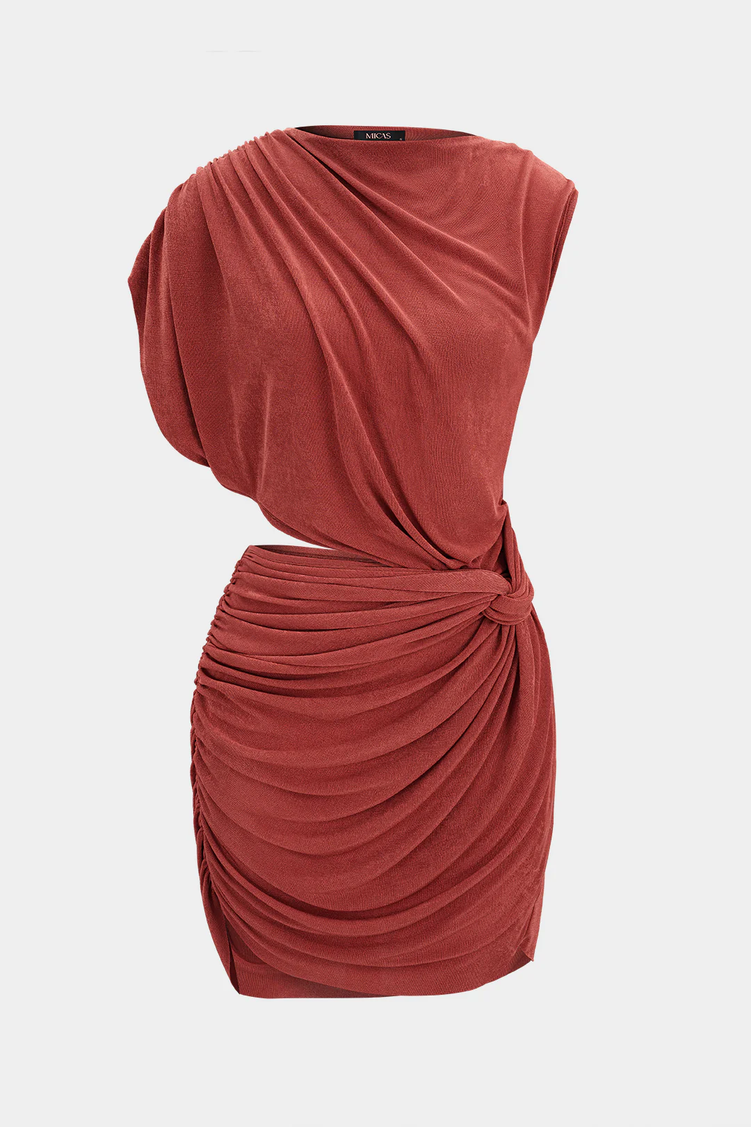 Asymmetrical Cut Out Twist Knot Ruched Sleeveless Mini Dress